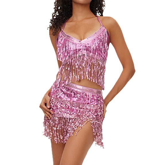 OOOUM Women Sequin Fringe 2 Piece Dance Outfit Spaghetti Strap V Neck Crop Top Mini Skirt Set Salsa Tango Party Performance Clothing Set Pink One Size