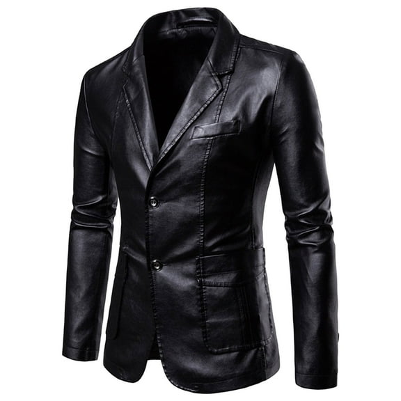 Xutthjh Men Blazers Suit Jackets Casual Solid Color Leather Blazers Slim Lapel Collar Pocket Suit Coat