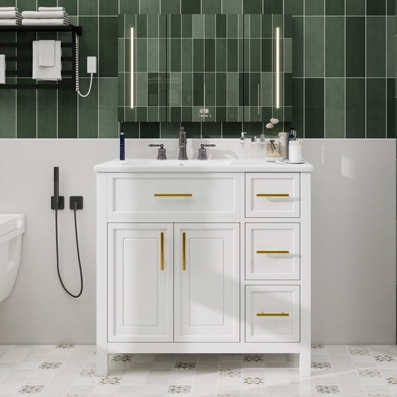 36" Bathroom Vanity with Sink Top, Bathroom Vanity Cabinet with Two Doors and Three Drawers, Solid Wood , MDF Boards ,One Package, White