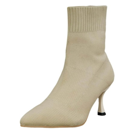 YHGFVOKJ Boots for Women Solid Color Simple Casual Knitted Breathable Socks High Heels Fine Heeled Mid Pointed Toe Large Size Boots Ankle Short Boots Shoes Women s Ankle Boots & Booties White 42