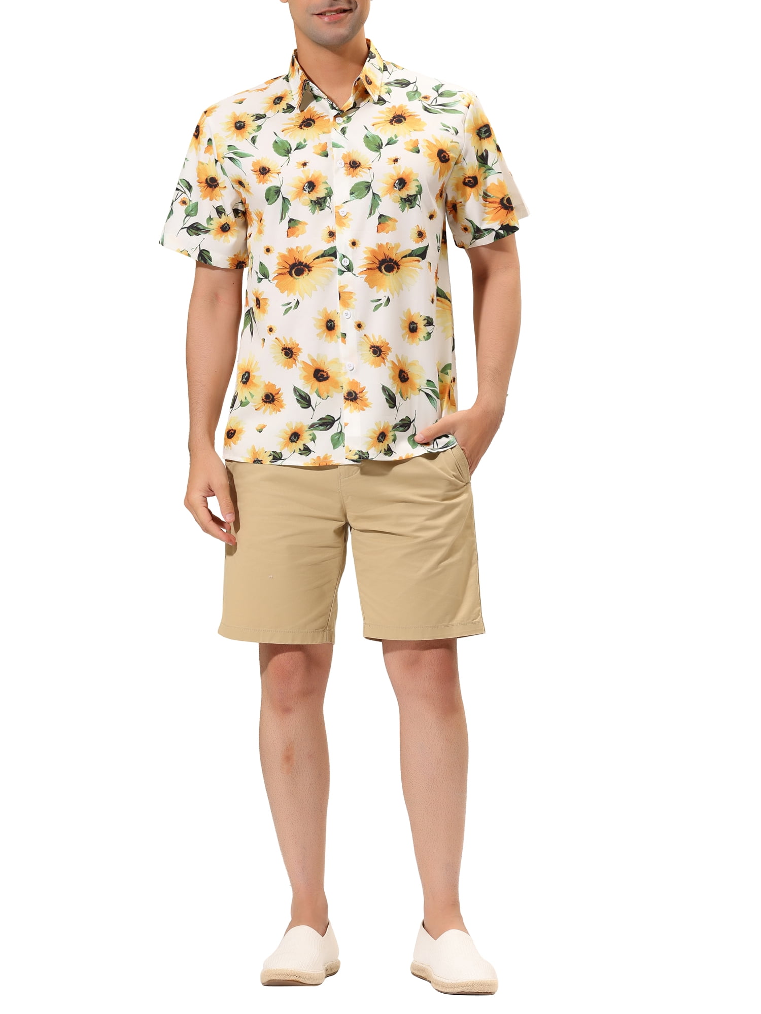 Unique Bargains Men's Summer Sunflower Printed Short Sleeve Button Down Shirt M White