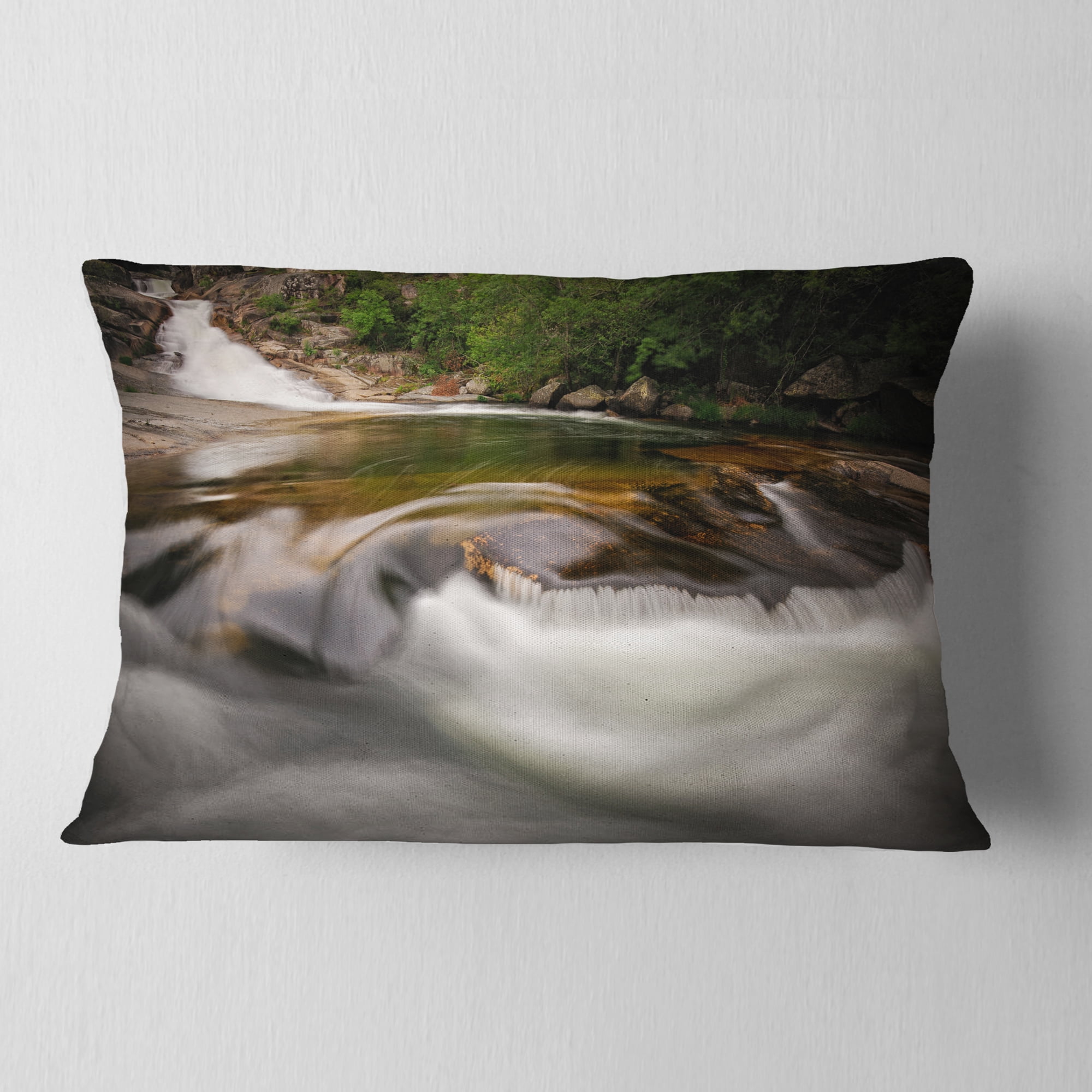 Designart Segade Waterfall Galicia Spain - Landscape Photo Throw Pillow - 12x20
