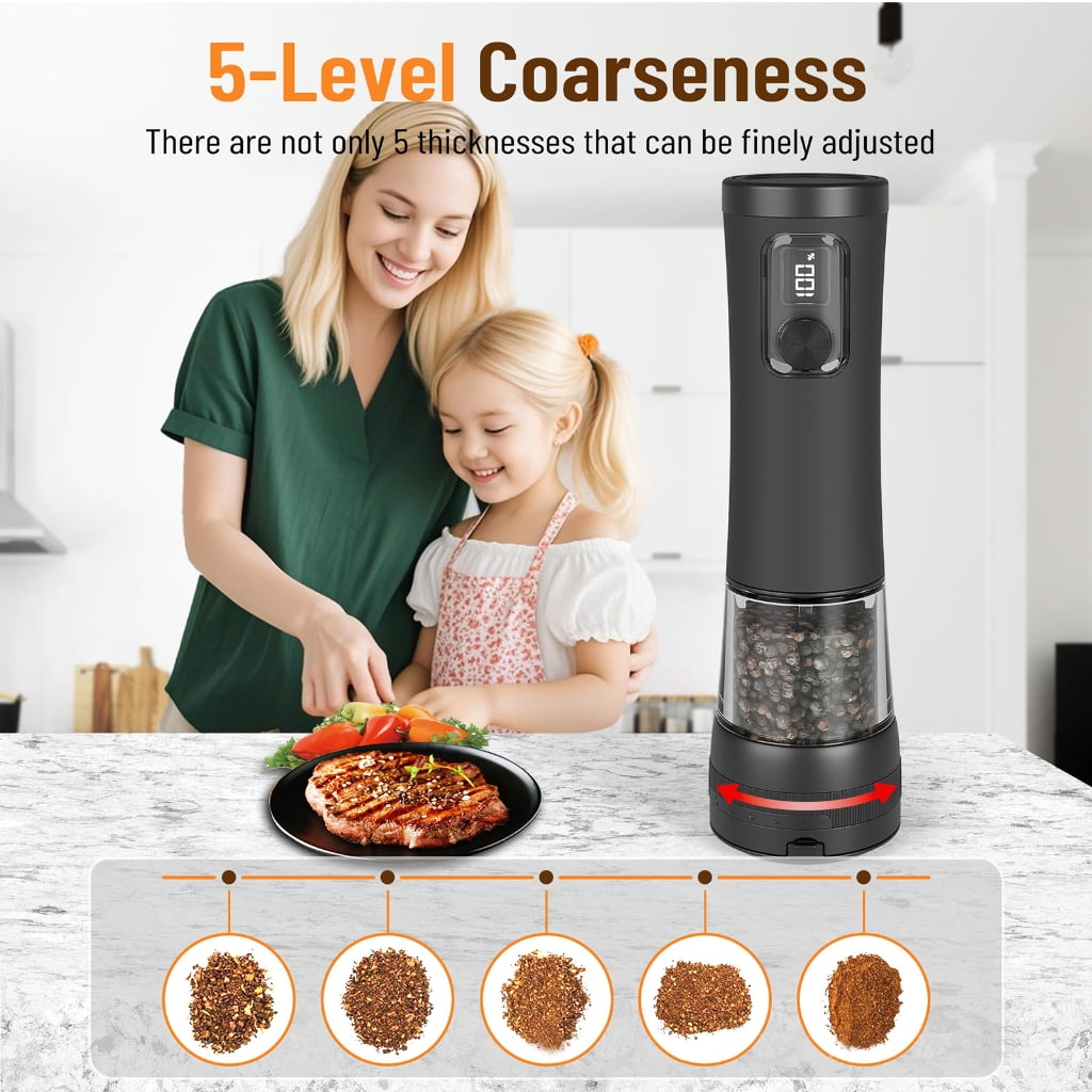 PatungKu Nonrust Steel Automatic Pepper Grinders USB Rechargeable 2 Grinding Speed Adjustable Coarseness Dials 100ml Large Capacity