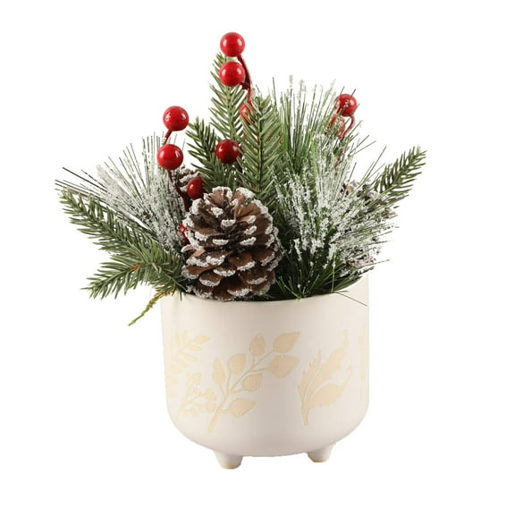 Flora Bunda Christmas Arrangement in 4.75 in Berries Ceramic Footed Pot Holiday Home D√©cor Centerpiece,White