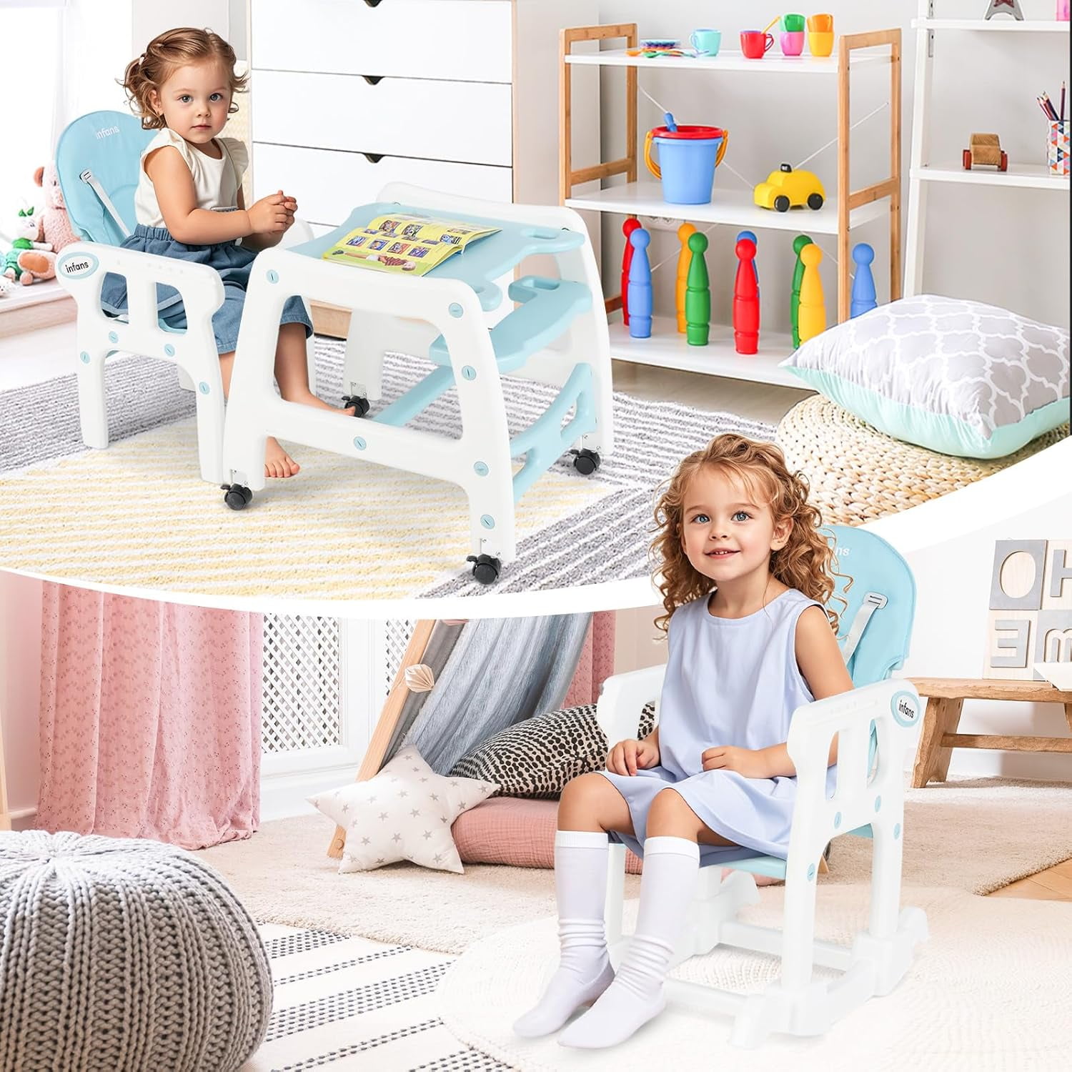 INFANS 5 in 1 Baby High Chair, Convertible Toddler Table with Rocking Chair, Adjustable Back, Removable Tray, Sponge