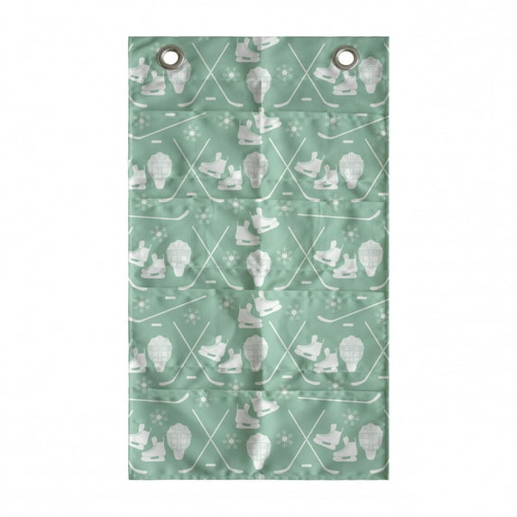 Ice Skates Hanging Pocket Organizer, Pattern of Goalkeeper Hockey Stick Snowflakes Sports Equipment, Printed Polyester Storage Bag with Pockets, 21" x 31", Peacock Green and White