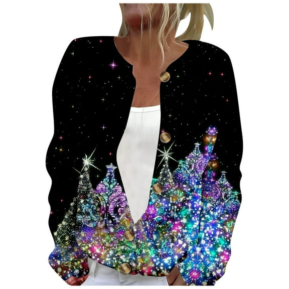 Fiaer Christmas Jackets for Women Button down Funny Graphic Oversized Trendy Long Sleeve Loose Fit Crew Neck Xmas Tops Black XL