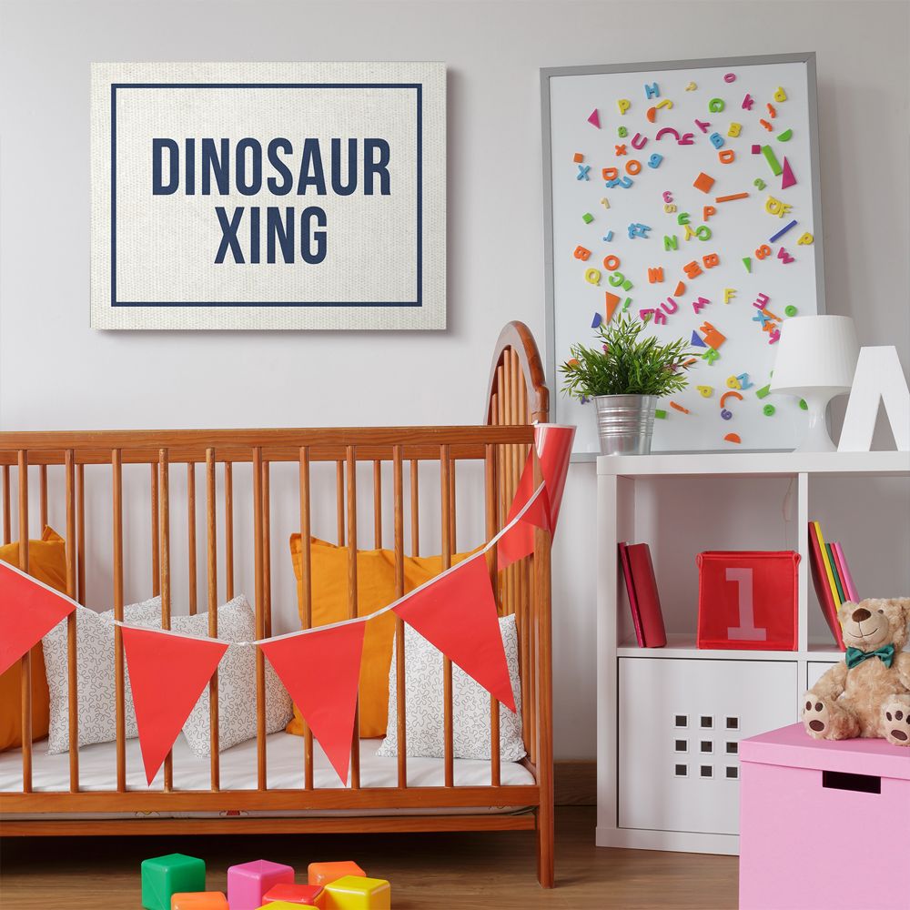 The Kids Room by Stupell Dinosaur Crossing Blue Kids Word Design Canvas Wall Art by Daphne Polselli