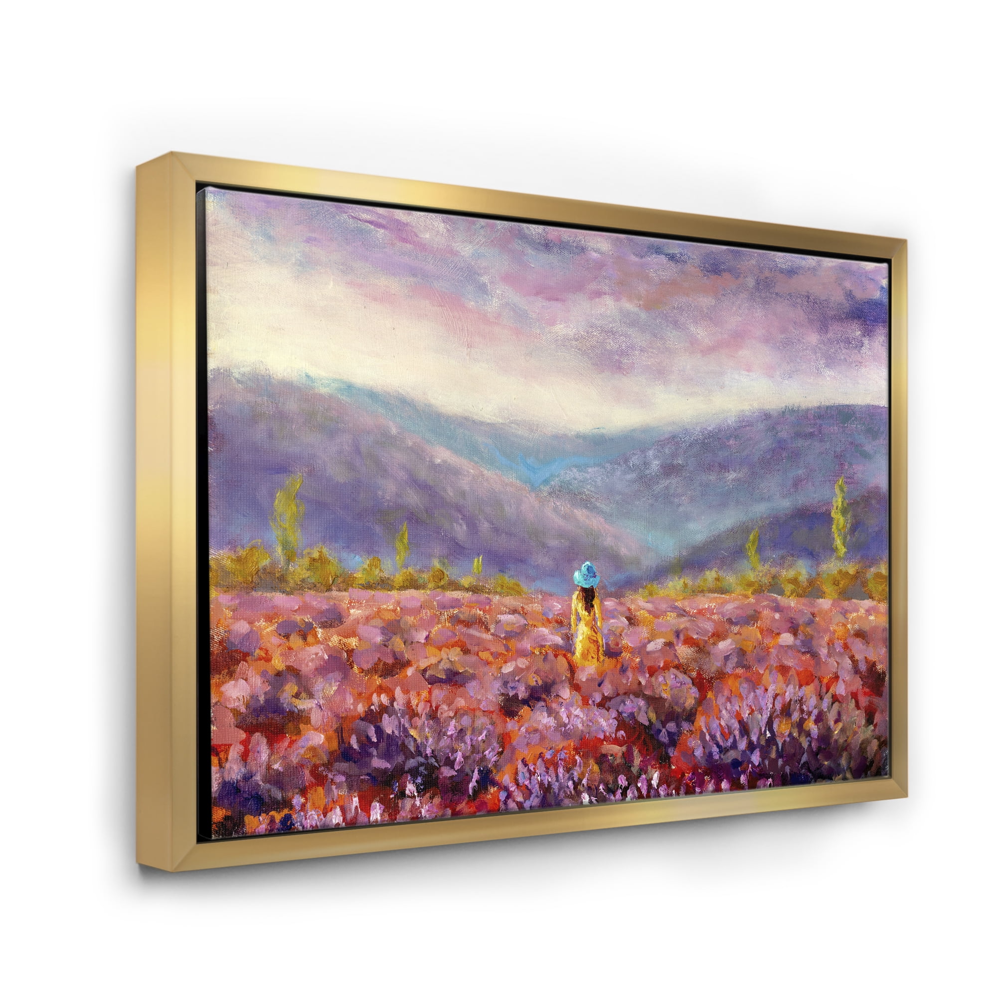 Designart 'Girl In Yellow Dress & Hat Walking Through Fields' Traditional Framed Canvas Wall Art Print