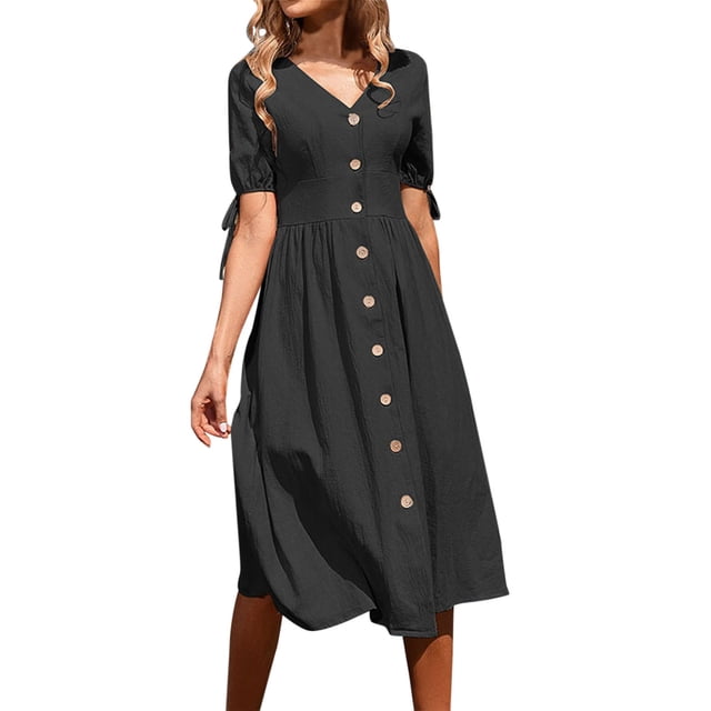 B91xZ Robe de Soirée pour Femmes Robe Tunique à Manches Courtes Robes d'Été Décontractées Robe Courte Mini, Noir L