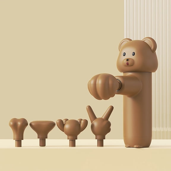 Mini Massage Gun with Bear Design, 5 Interchangeable Heads,4-Speed Regulation, Deep Tissue Percussion Massager for Athletes, Pain Relief (Brown)