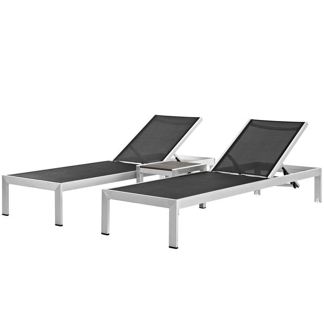 Modern Contemporary Urban Outdoor Patio Balcony Garden Furniture Lounge Chair Chaise and Side Table Set, Aluminum Metal Steel, Black
