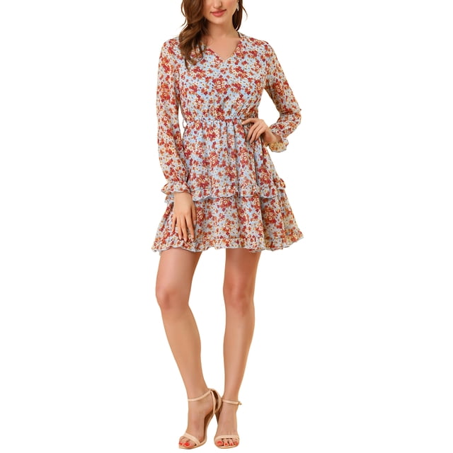 INSPIRE CHIC Robe à Manches Longues Florale pour Femmes avec Ceinture, Taille Élastique, Ourlet à Volants, Bleu P