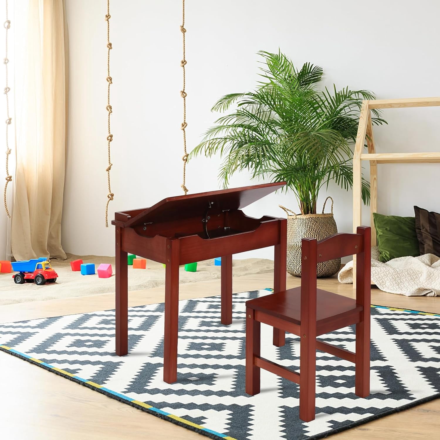 JOYMOR Kids Desk,Wooden Lift-Top Desk and Chair Set, Toddler Table and Chair with Storage for Study & Craft, Brown