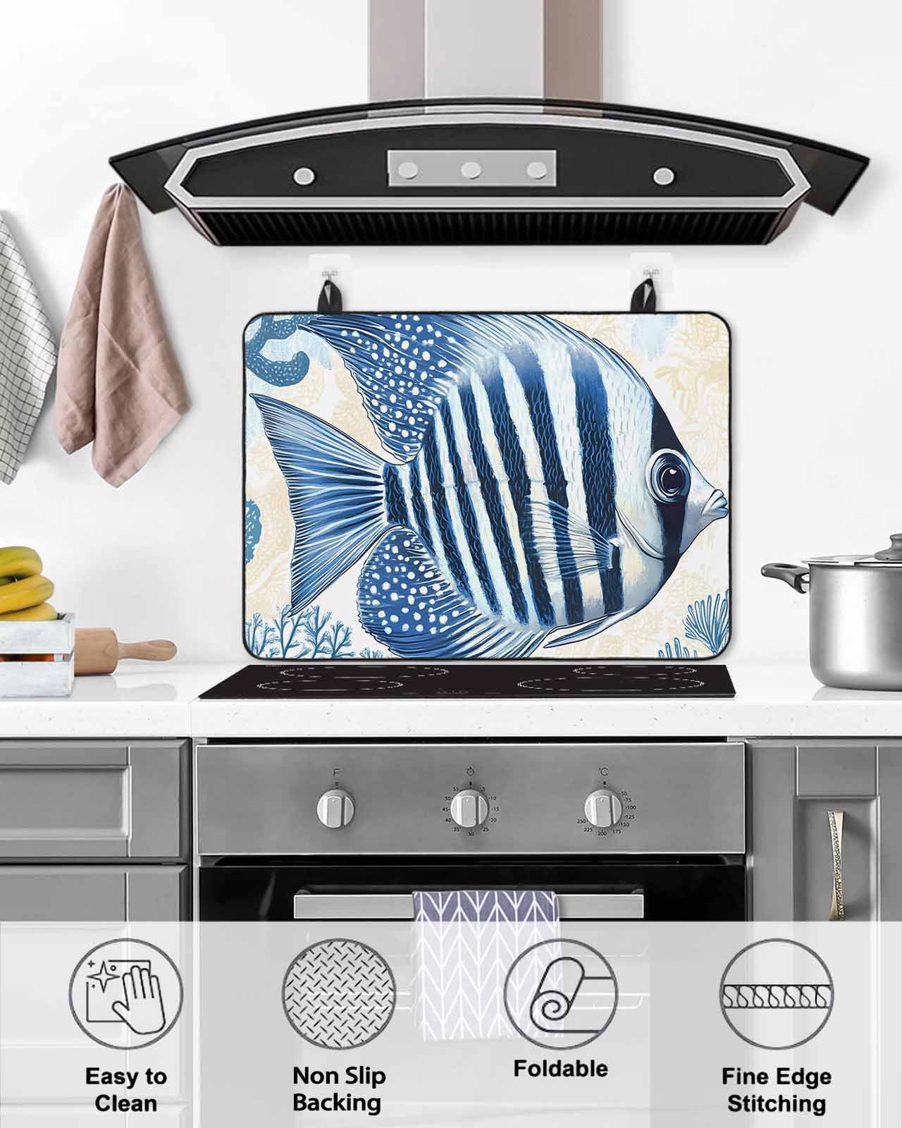 nqOlkjepod Large Induction Cooktop Protector Mat 24"x21", Blue Yellow Ocean Stove Top Covers for Electric Stove, Summer Coastal Stripe Fish Coral Stove Burner Cover Mats, Glass Top Stove Cover