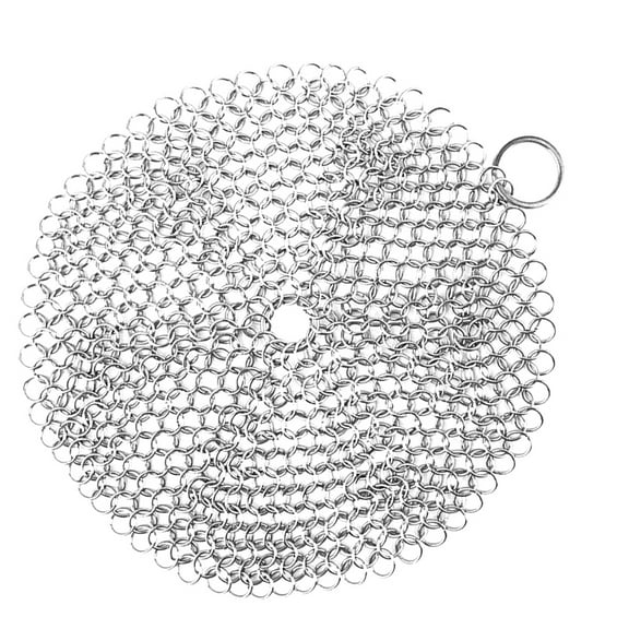 4x4 Inch Cast Iron Cleaner Stainless Steel Chain Mail Scrubber with Corner Ring for Skillet Pan Pot and Wok (Silver)