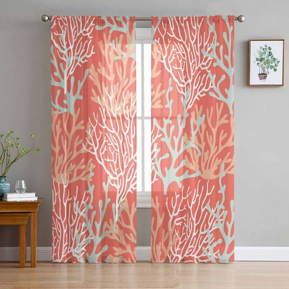 Orange Red Coral Coastal Semi Sheer Curtains 84 Inch Length 2 Panels Set, Ocean Nautical Seaside Beach Sheer Kitchen Curtain Privacy Voile Window Curtain for Living Room Bedroom Rod Pocket Drapes
