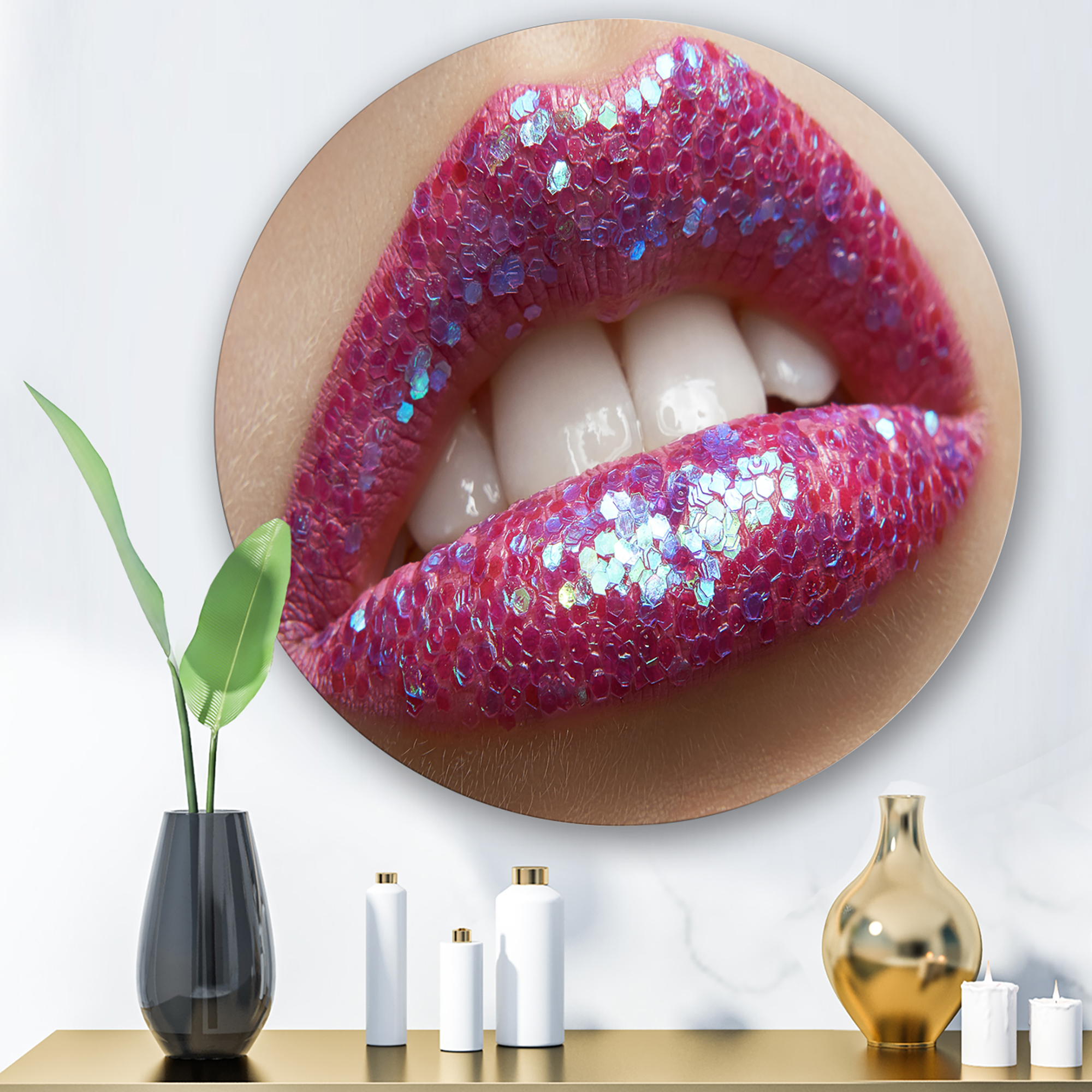 Designart 'Girl Lips Pink Lipstick and Sequins' Modern Circle Metal Wall Art 23x23 - Disc of 23