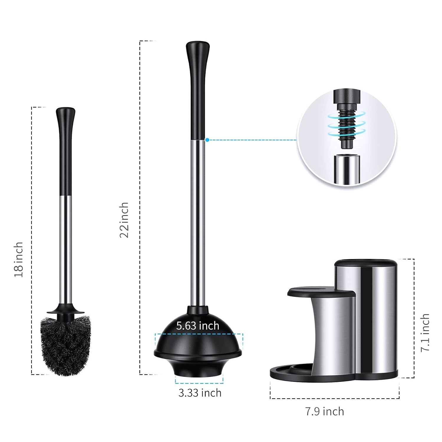 Toilet Plunger and Bowl Brush Set with Covered Stainless Steel Caddy Holder