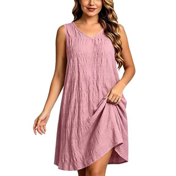 Ygbgbb Women's V-Neck Crinkled Tunic Dress, Sleeveless Loose Dress with Pockets, Wrinkle Resistant Casual Summer Outfit Pink XXL