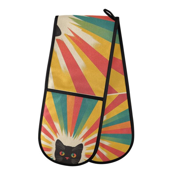 Yayeee Double Oven Mitt Kitchen Heat Resistant Baking 35" x7" Quilted Glove, Colorful Black Cat