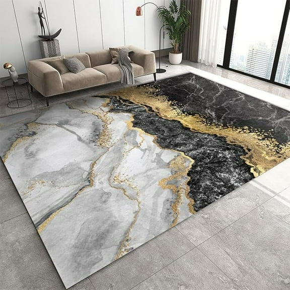 Black Gold Marble Area Rug, Luxury Black And White Agate Texture Living Room Rugs, Bedroom Rug, With Anti-Slip Easy Clean Carpet For Kitchen Dining Room Home Office 5x8ft