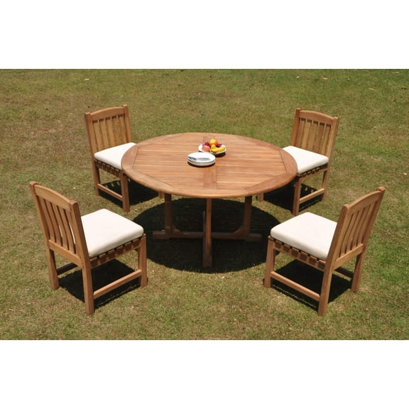 Grade-A Teak Dining Set: 4 Seater 5 Pc: 60" Round Table And 4 Devon Armless Chairs Outdoor Patio WholesaleTeak #WMDV74