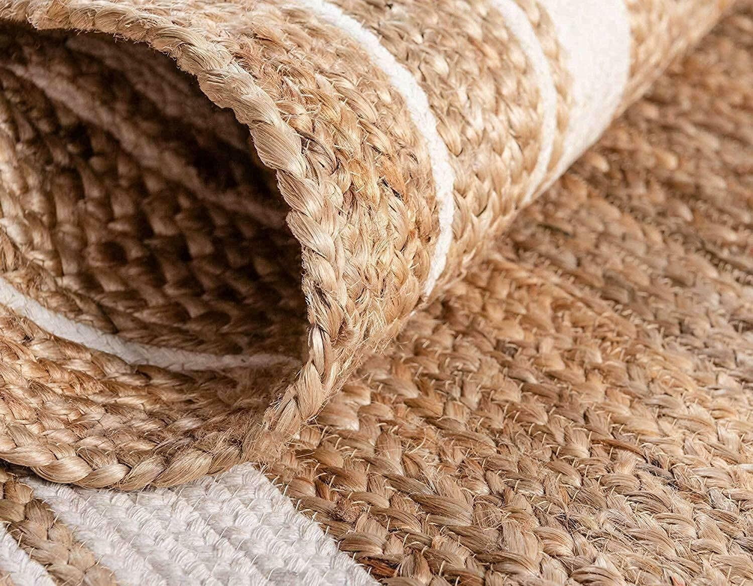 Natural Jute Rug Hand Braided Round Area Rug Handmade Rug for Home Decor (3 Feet Round (36x36 Inches), Beige + WhiteLine)