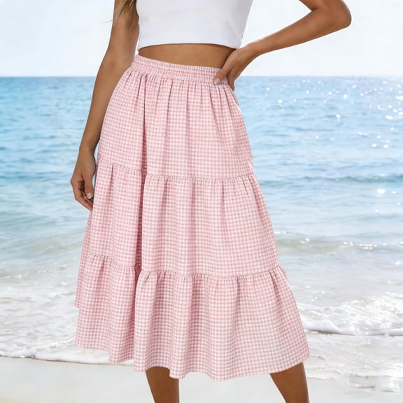 Gamivast Skirts for Women High Waisted Tiered Midi Skirt Elastic Waist Plaid Skirt Flowy Modest Skirt Pull on Boho Style Vacation Resort Summer Daily Wear Pink XL