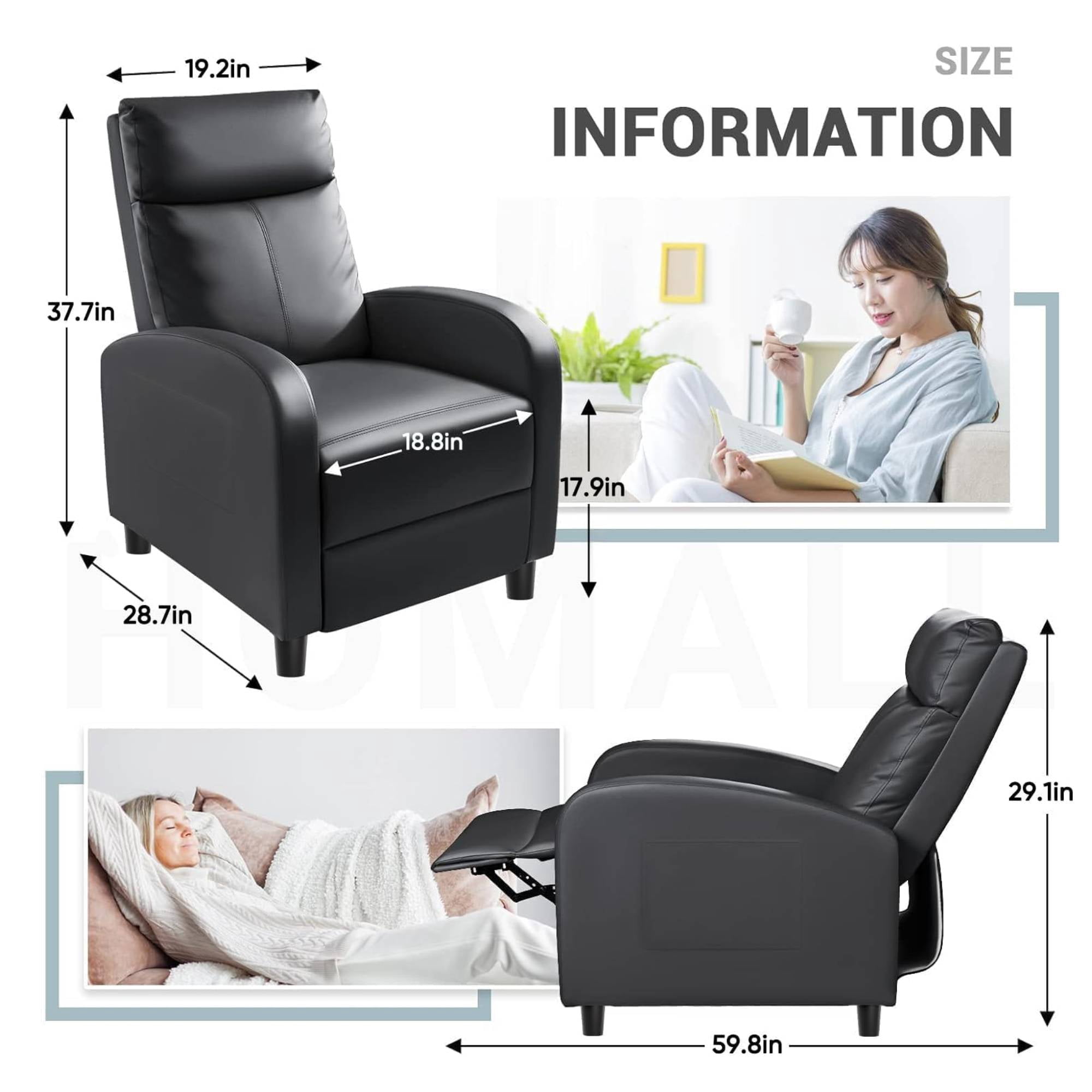 Manual Recliner Leather Reclining Sofa Chair with Footrest, Overstuffed Push Back Reline Chair, Lumbar Support Home Theater for Living Room, Black
