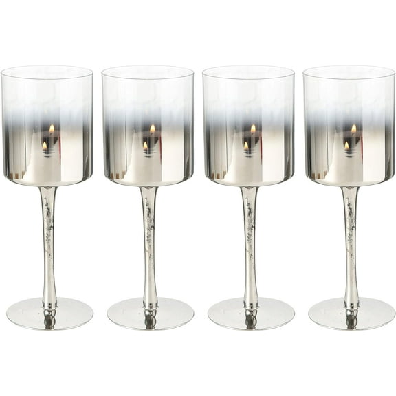 Baby Ombre Long Stem Goblet Candle Holders, Set of 4, Silver Clear, Lacquered  Glass, 9.75 Inches Tall