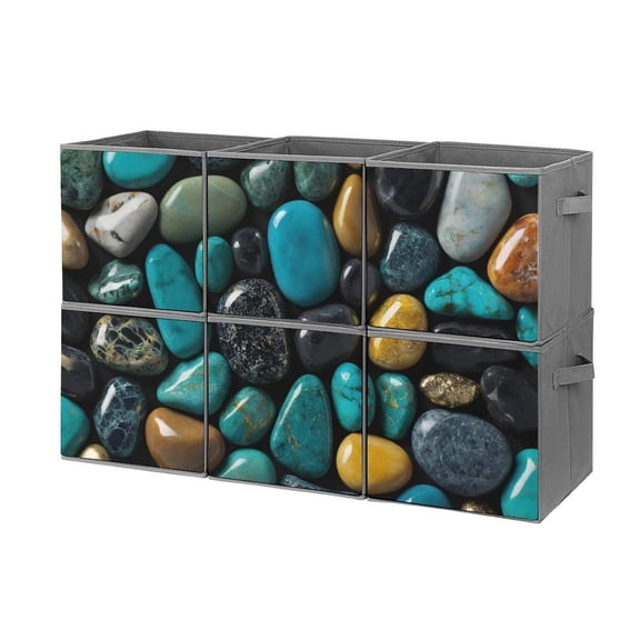 Set of 6 Collapsible Oxford Fabric Storage Cubes with Handles, Foldable Closet Organizer Bins for Clothes, Toys, Shelves, Home & Kitchen Teal Rocks And Pebbles