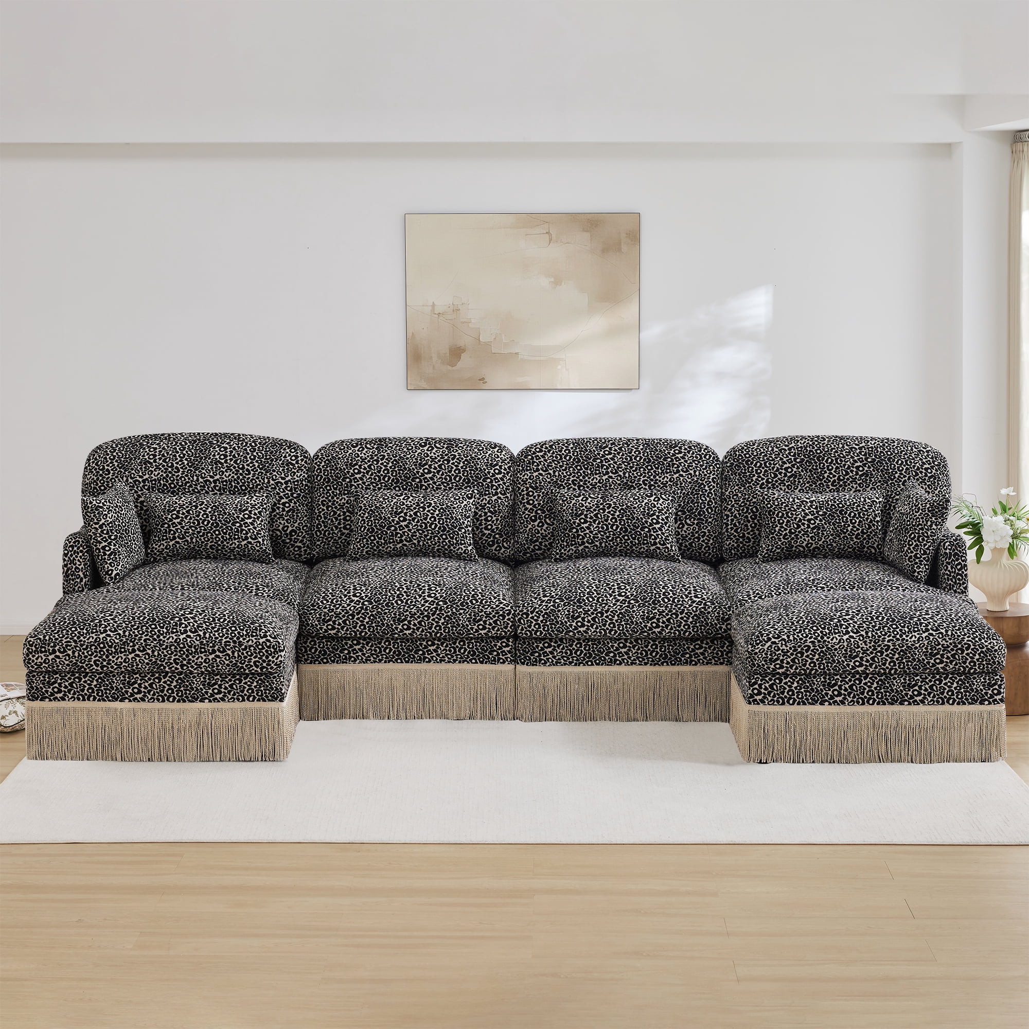 131" Chenille Leopard Tassel Deep Seat U Shape 4 Seater Modular Sofa Couch with 6 Throw Pillows and 2 Ottoman