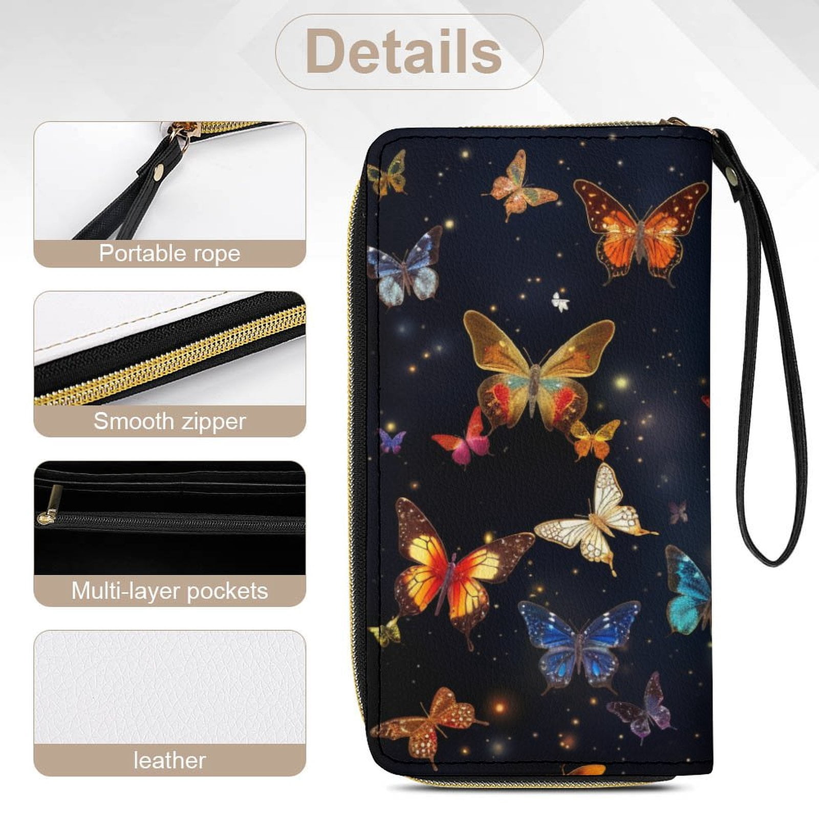 Womens Wallet Bifold Ladies Cluth Bag Wristlet Wrist Strap Long Purse Cosmic Butterfly Design