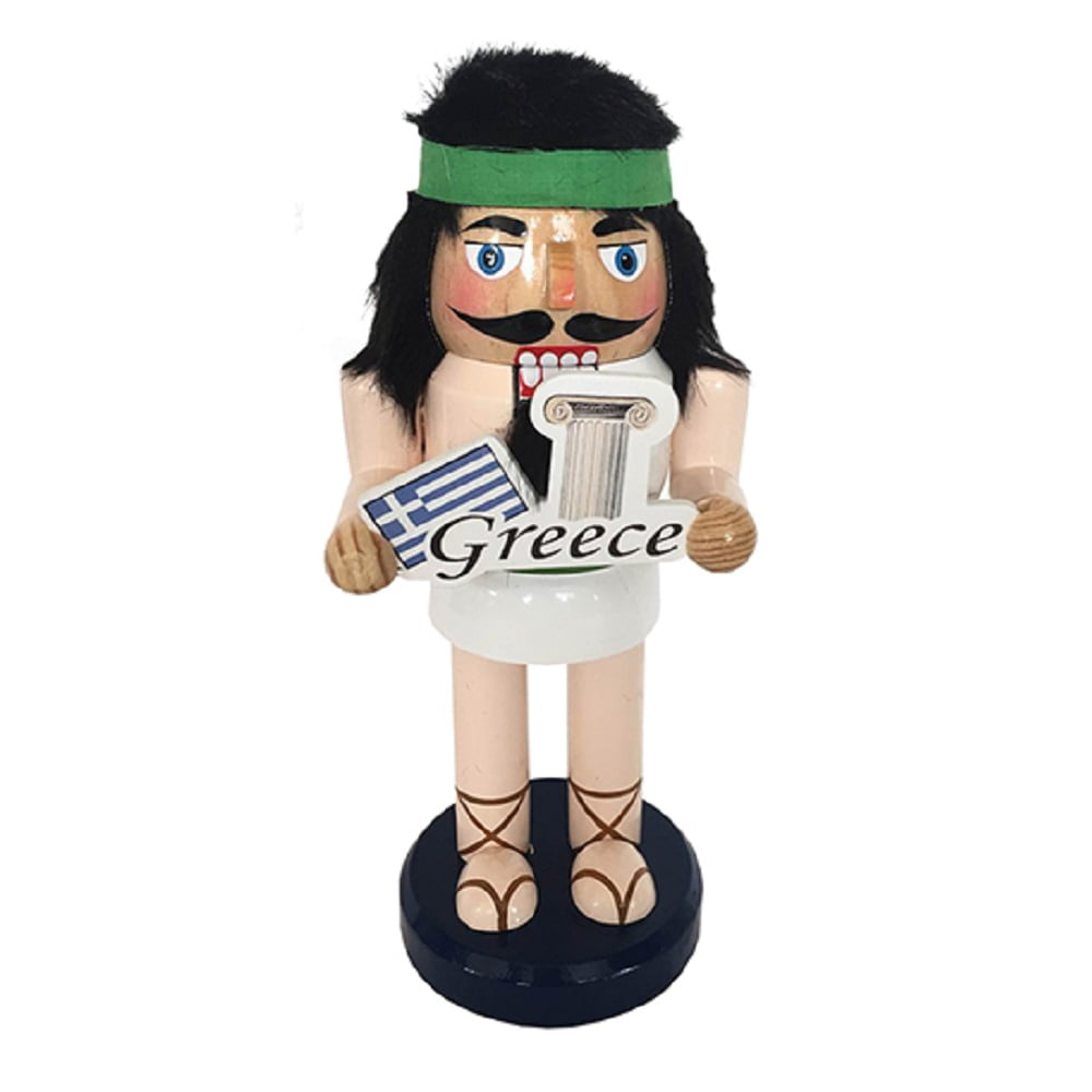Greek Man Holding Greece Flag and Column Wooden Christmas Nutcracker 10 inch New