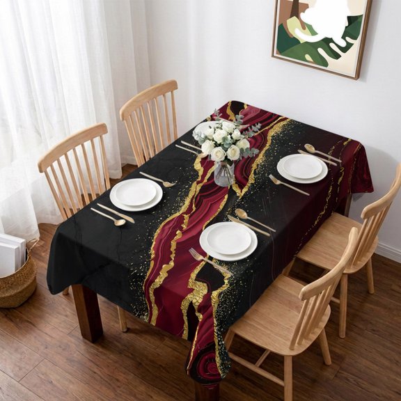 Red Marble Table Cloth Waterproof Tablecloths, Gold Abstract Vintage Modern Ombre Art Tablecloth Dining Table Cover for Kitchen Party Tabletop Outdoor, Rectangle Tablecloth 60x102 Inch