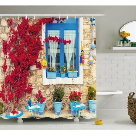 Coastal Decor Shower Curtain Italian Mediterranean House With Greek Windows Fabric Bathroom Set Hooks 69w X 70l Inches Light Brown Coastal Decor Shower Curtain Italian Mediterranean House With Greek Windows Fabric Bathroom Set Hooks 69w X 70l Inches Light Brown