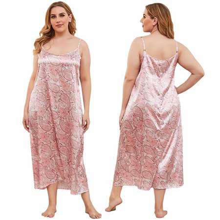 

Baywell Women Plus Size Satin Nightgown Suspender Sleepwear Print Sleeveless Nightshirt Loungewear Dress XL-5XL