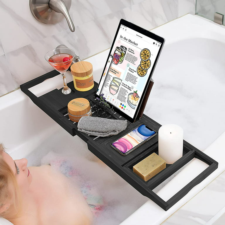 Homemaid Living Luxury Bamboo Bath Tray for Bathtub - Expandable Bathroom Tray with Reading Rack or Tablet Holder, Premium Bath Tray with Wine Glass