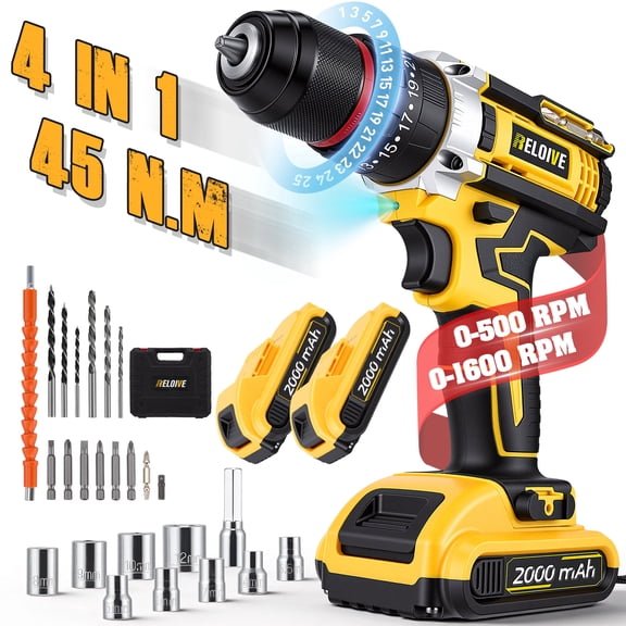 RELOIVE 21V Cordless Drill Driver,Power Drill Set with 2×2000mAh Batteries,4-in-1 Function,45N.m Max Torque,3/8" Keyless Chuck, 25 3 Position