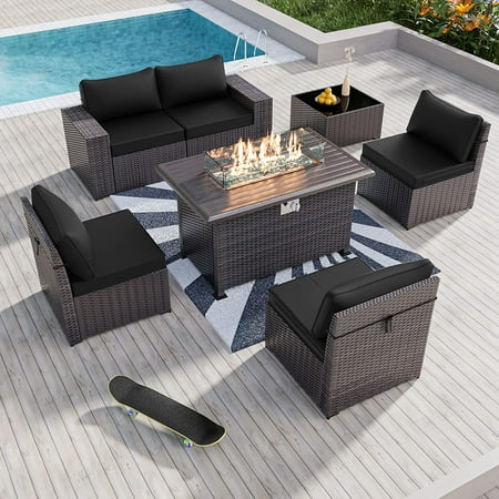 Gotland 7 Pieces Outdoor Patio Furniture Set with 43 Gas Propane Fire Pit Table PE Wicker Rattan Sectional Sofa Patio Conversation Sets Black