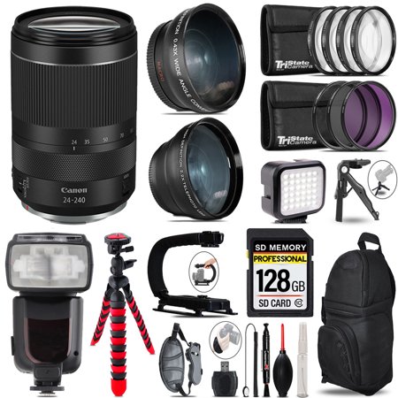 Canon RF 24-240mm f/4-6.3 IS USM Lens + Pro Flash + LED Light + Tripod - 128GB Accessory Bundle
