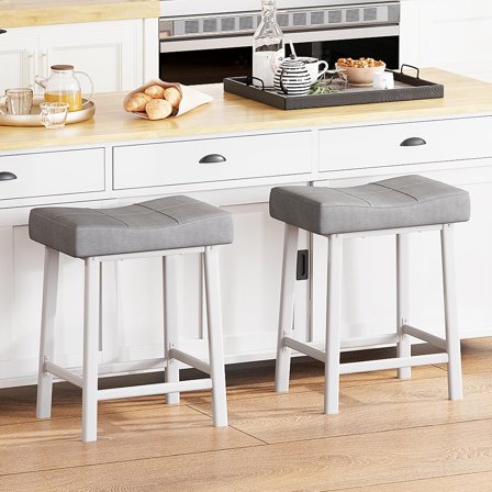 EcoSummer 24 Inch Counter Height Bar Stools Set of 2, Grey PU Leather Backless Kitchen Island Stools with Heavy-Duty Metal Frame