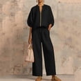 thumbnail image 3 of Two Piece Outfits for Women Zip Front Top Wide Leg Pants Set Casual Summer Matching Set Loose Fit Tracksuit,Black L, 3 of 5