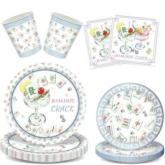 Mahjong Party Plates Set, 64Pcs Mahjong Party Supplies, with Plates Napkins and Paper cup, for Mahjong nights, Anniversaries, Cocktail Parties, and Family Gathering (16 Guests)