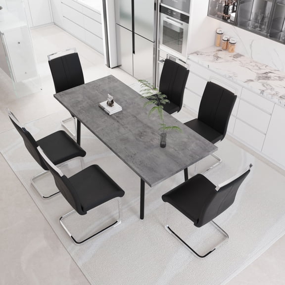 55.12-70.87" Expandable Square Dining Table Set That Can Accommodate 4-6 People, Equipped With 6 C-Shaped Tubular Cushioned Armless Dining Chair, Kitchen Table And Chair Set, With Metal Legs28694