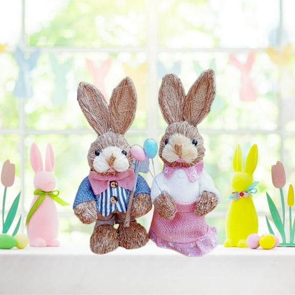 yulier 2 Pcs Easter Bunny Figurines, Spring Straw Rabbit Tabletop Decor, Rustic Bunny Statues, Woven Bunny Figurines Easter Decorations for Home Table Office Kitchen Farmhouse
