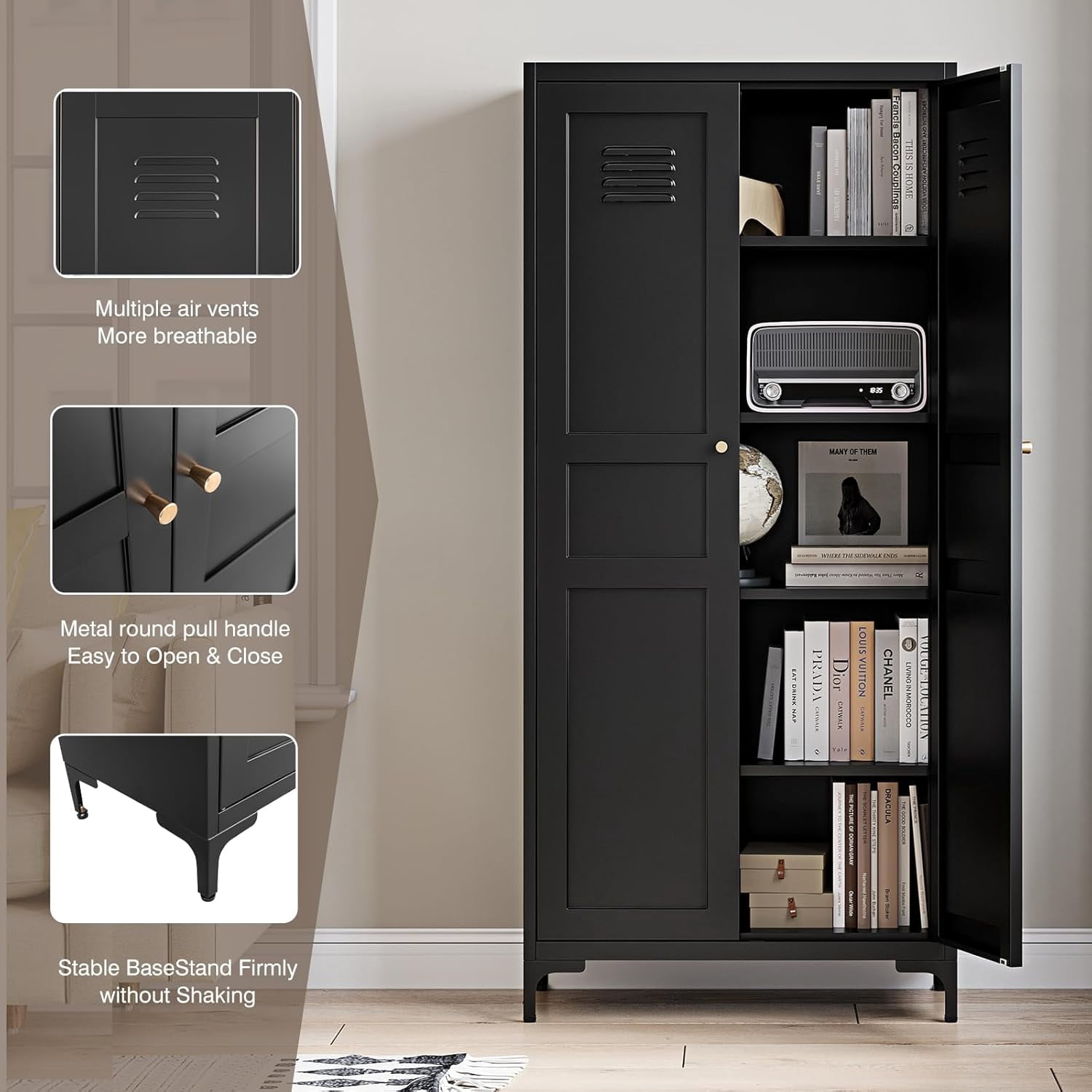 Yizosh Metal Pantry Cabinet,Tall Kitchen Pantry Storage Cabinet with Doors and Adjustable Shelves - 61" Black Cupboard Cabinet for Kitchen, Living Room,Dining Room,Home