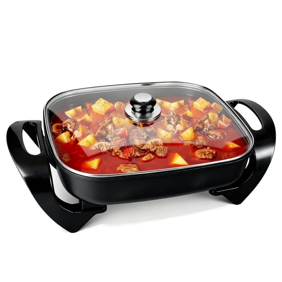 12-Inch Extra-Deep Cast Iron Skillet with Lid | Nonstick Electric Frying Pan with Glass Vented Lid | Fast Heating Adjustable Temperature for Kitchen