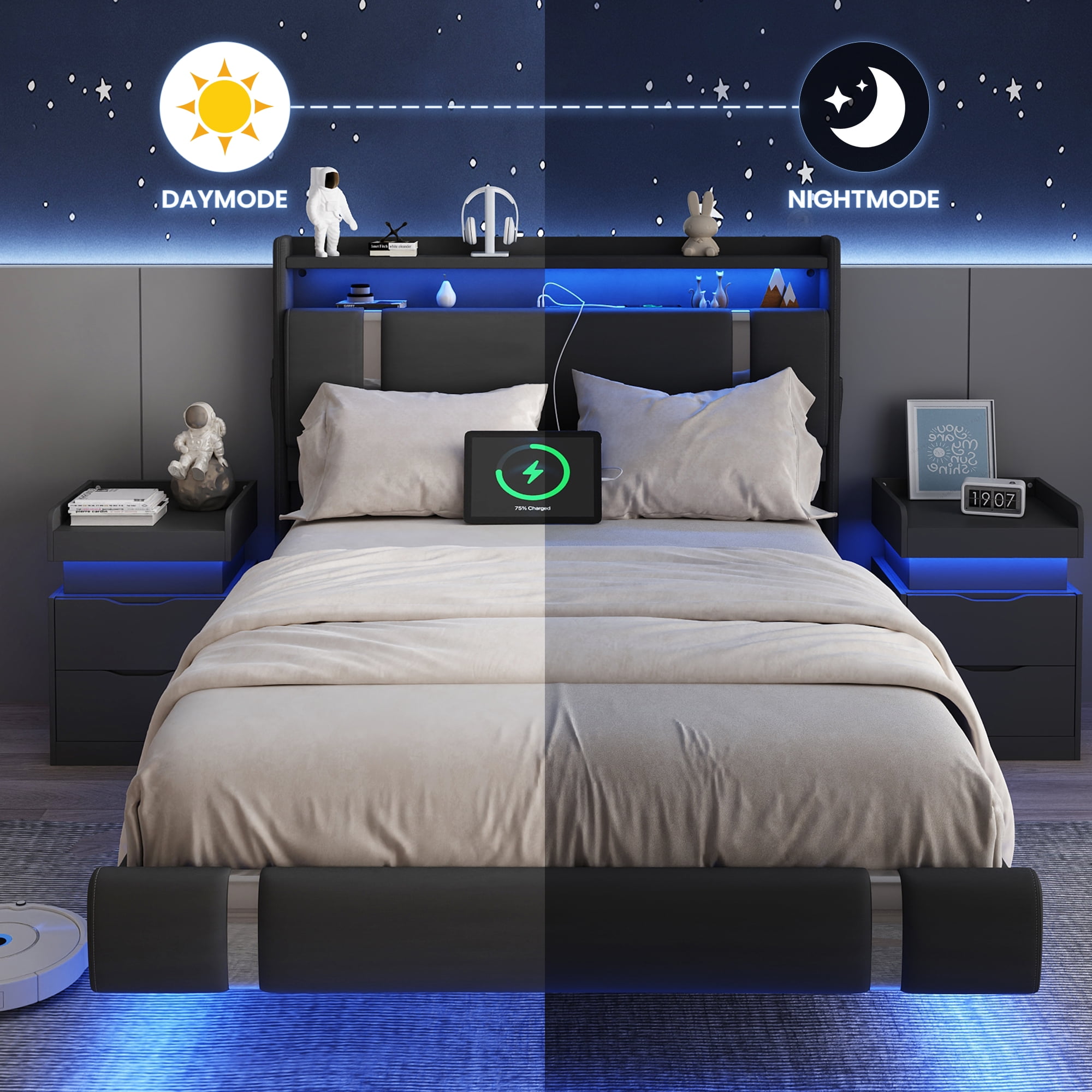 IDEALSOUL Full Size Floating Bed Frame with Upholstered Storage Headboard, Metal Platform Bed with Charging Station & LED,No Box Spring Needed,Easy to Assemble (Full,Black)